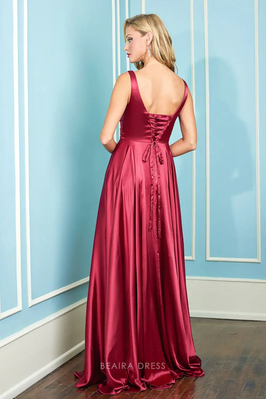 Simple V - Neck Satin Maxi Dress with High Slit and Lace - Up Back prom dress (Multiple Colors)