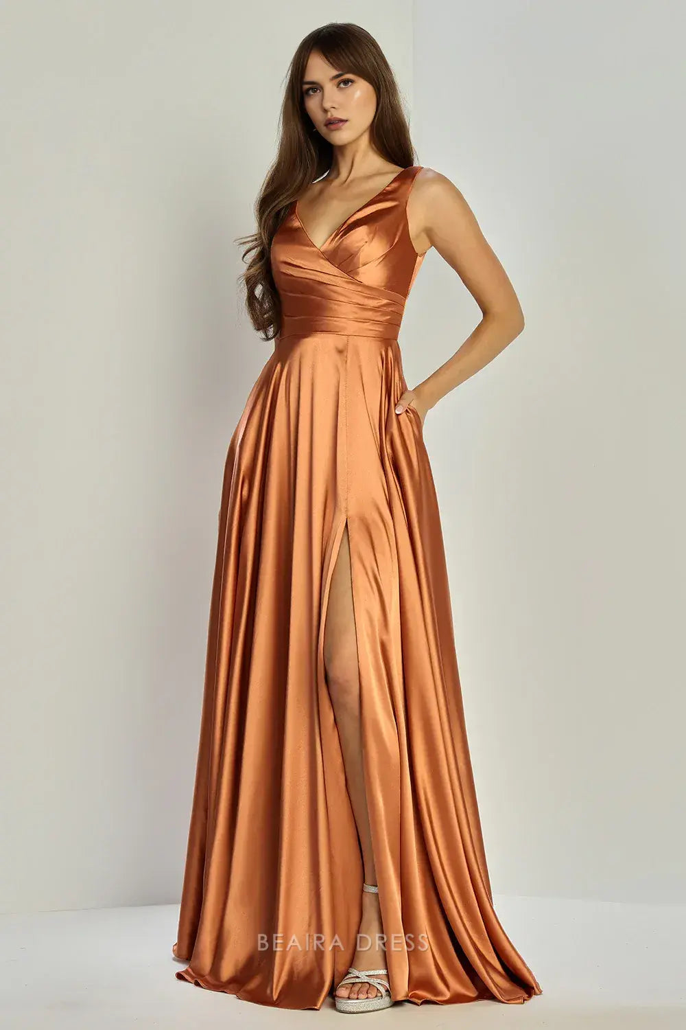Simple V - Neck Satin Maxi Dress with High Slit and Lace - Up Back prom dress (Multiple Colors)