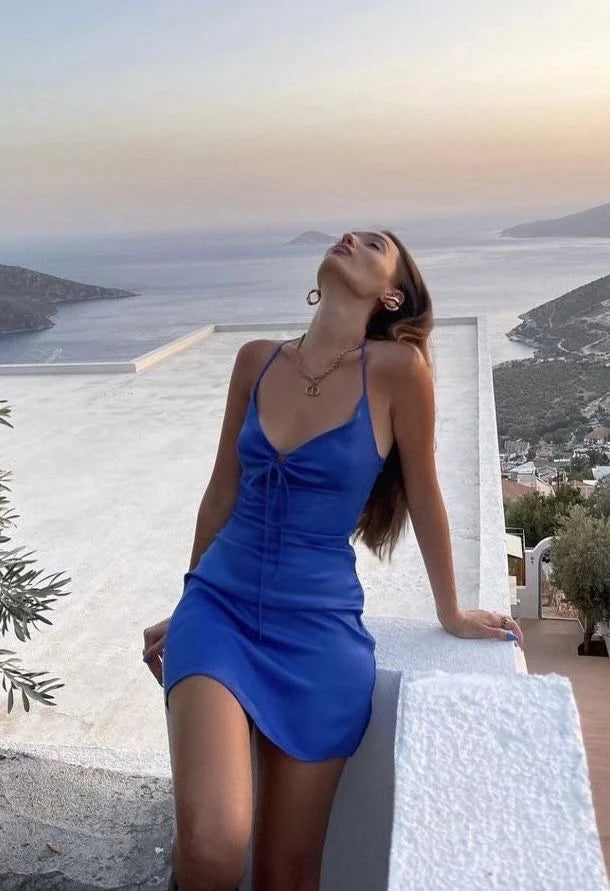 Beaira Vintage A line Halter Royal Blue Mini Dresses Satin Homecoming Dress 18th Birthday Dresses