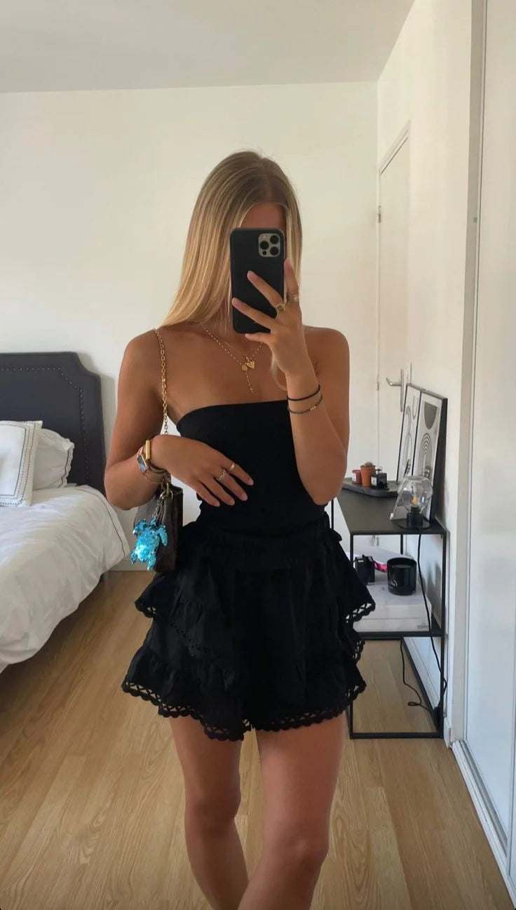 Beaira Vintage A line Strapless Layered Ruffle Mini Dresses Black Homecoming Dress 16th Birthday Dresses