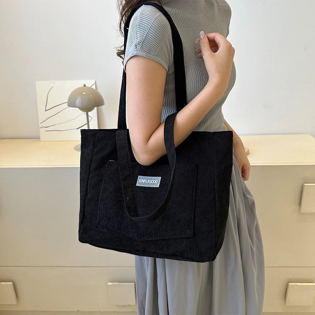 Beaira Women Corduroy Tote Bag with Pockets Compartments Cord Tote Bag Casual Shopping Bag for School Work Shopping