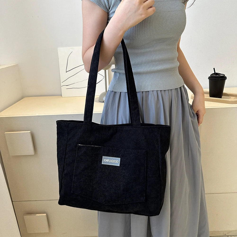 Beaira Women Corduroy Tote Bag with Pockets Compartments Cord Tote Bag Casual Shopping Bag for School Work Shopping