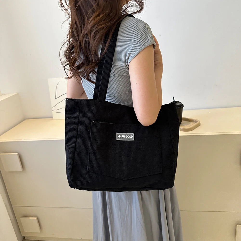 Beaira Women Corduroy Tote Bag with Pockets Compartments Cord Tote Bag Casual Shopping Bag for School Work Shopping