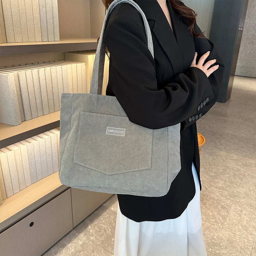 Beaira Women Corduroy Tote Bag with Pockets Compartments Cord Tote Bag Casual Shopping Bag for School Work Shopping