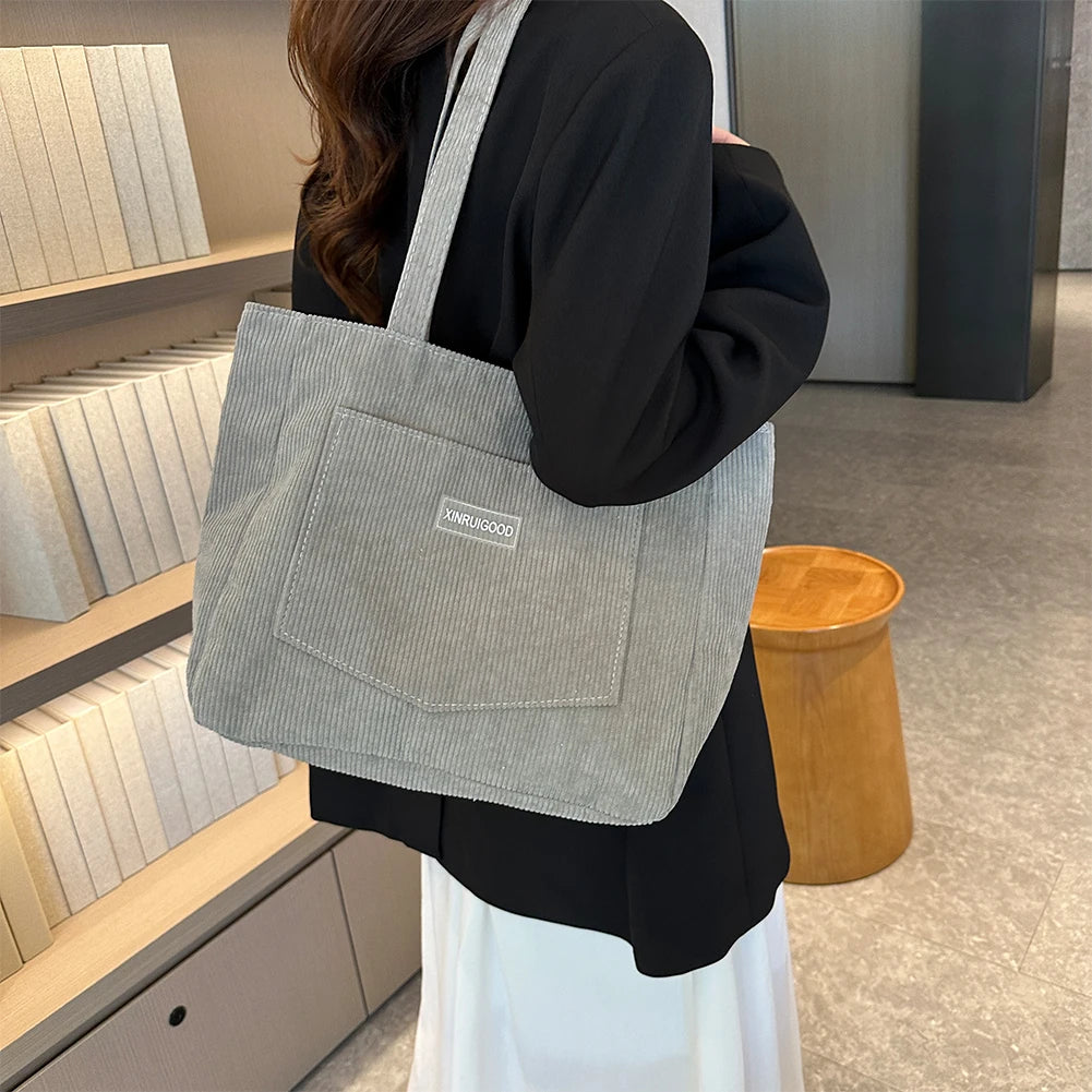 Beaira Women Corduroy Tote Bag with Pockets Compartments Cord Tote Bag Casual Shopping Bag for School Work Shopping
