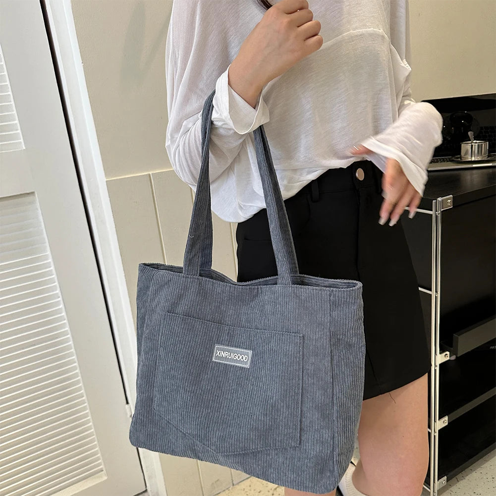 Beaira Women Corduroy Tote Bag with Pockets Compartments Cord Tote Bag Casual Shopping Bag for School Work Shopping