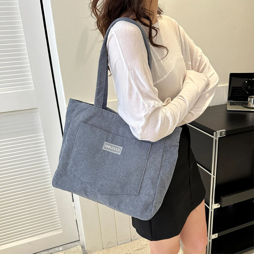 Beaira Women Corduroy Tote Bag with Pockets Compartments Cord Tote Bag Casual Shopping Bag for School Work Shopping