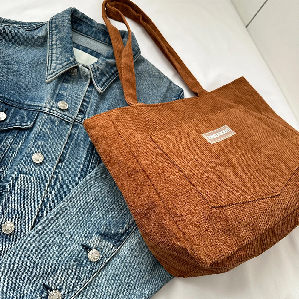 Beaira Women Corduroy Tote Bag with Pockets Compartments Cord Tote Bag Casual Shopping Bag for School Work Shopping