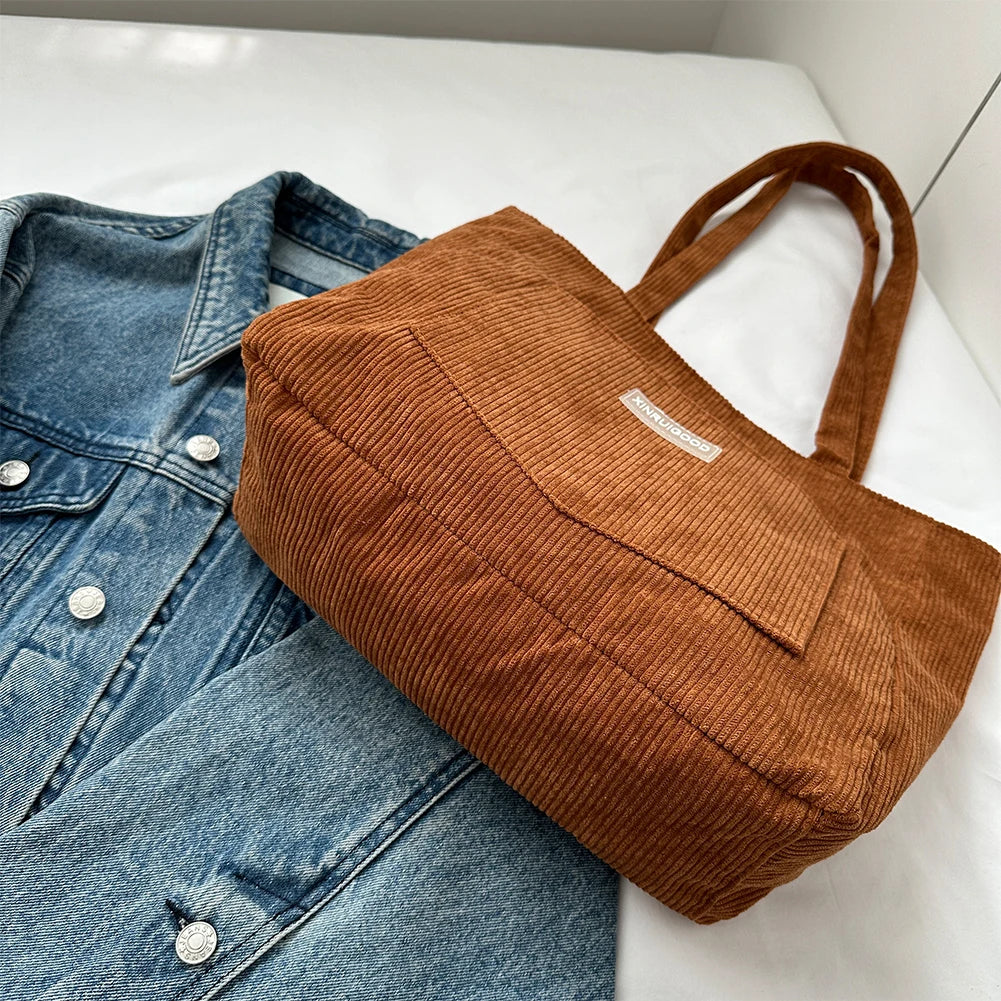 Beaira Women Corduroy Tote Bag with Pockets Compartments Cord Tote Bag Casual Shopping Bag for School Work Shopping