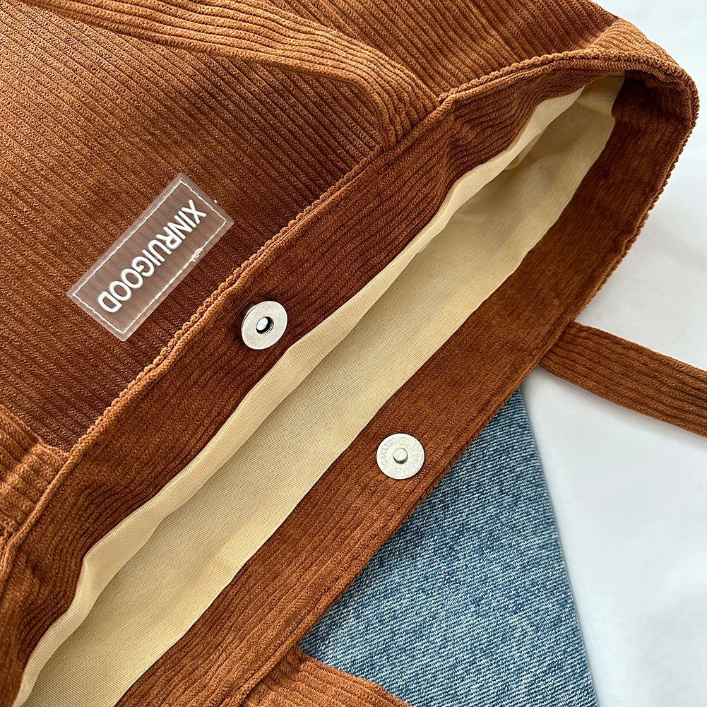 Beaira Women Corduroy Tote Bag with Pockets Compartments Cord Tote Bag Casual Shopping Bag for School Work Shopping