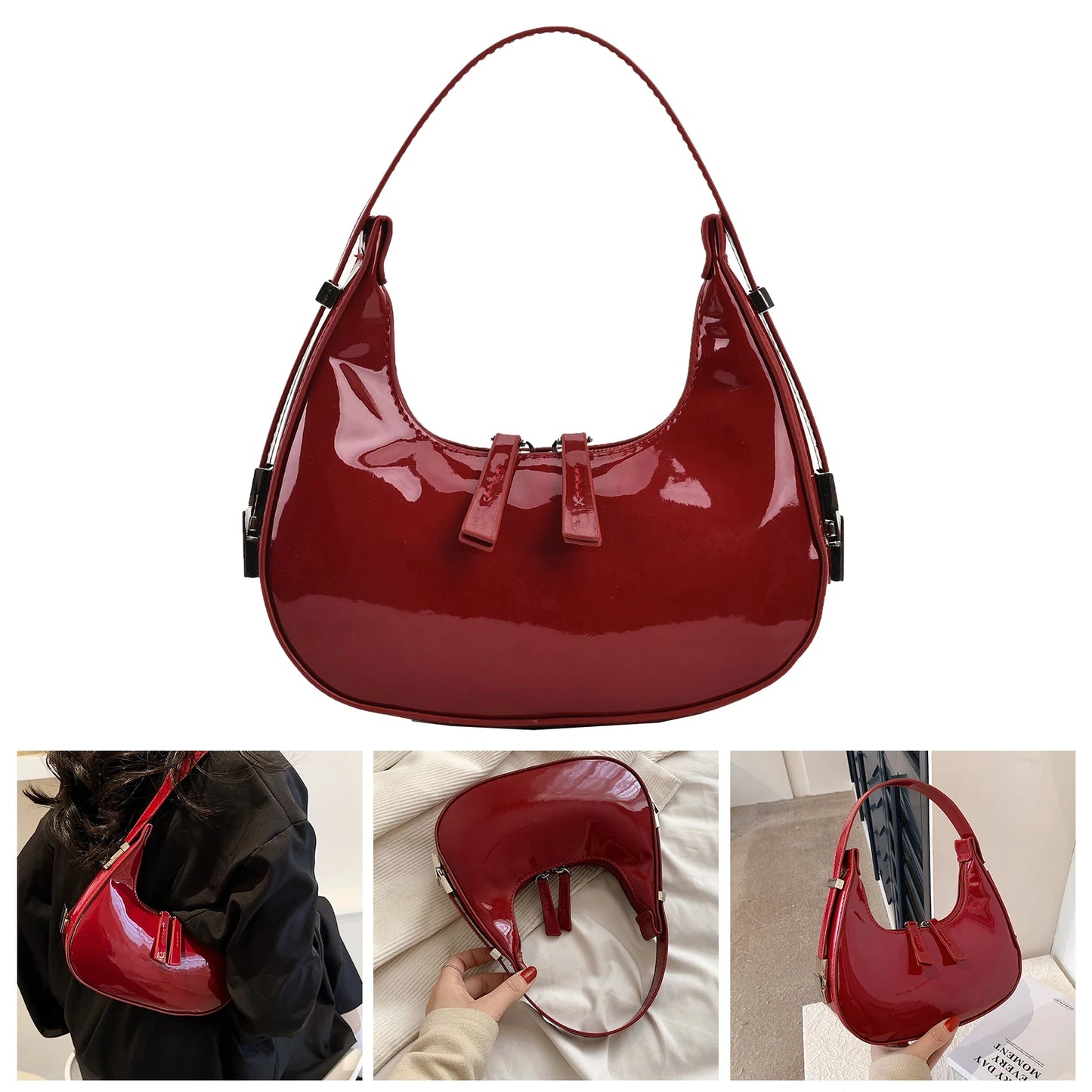 Beaira Women Leather Shoulder Bag Casual Vintage Tote Bag Zipper Crescent Bag Underarm Bag Travel Dating Purse