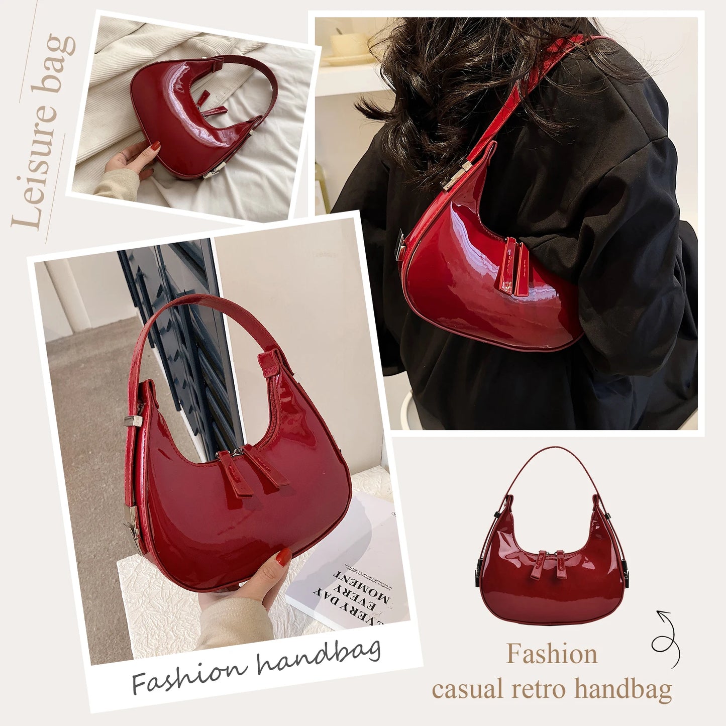 Beaira Women Leather Shoulder Bag Casual Vintage Tote Bag Zipper Crescent Bag Underarm Bag Travel Dating Purse