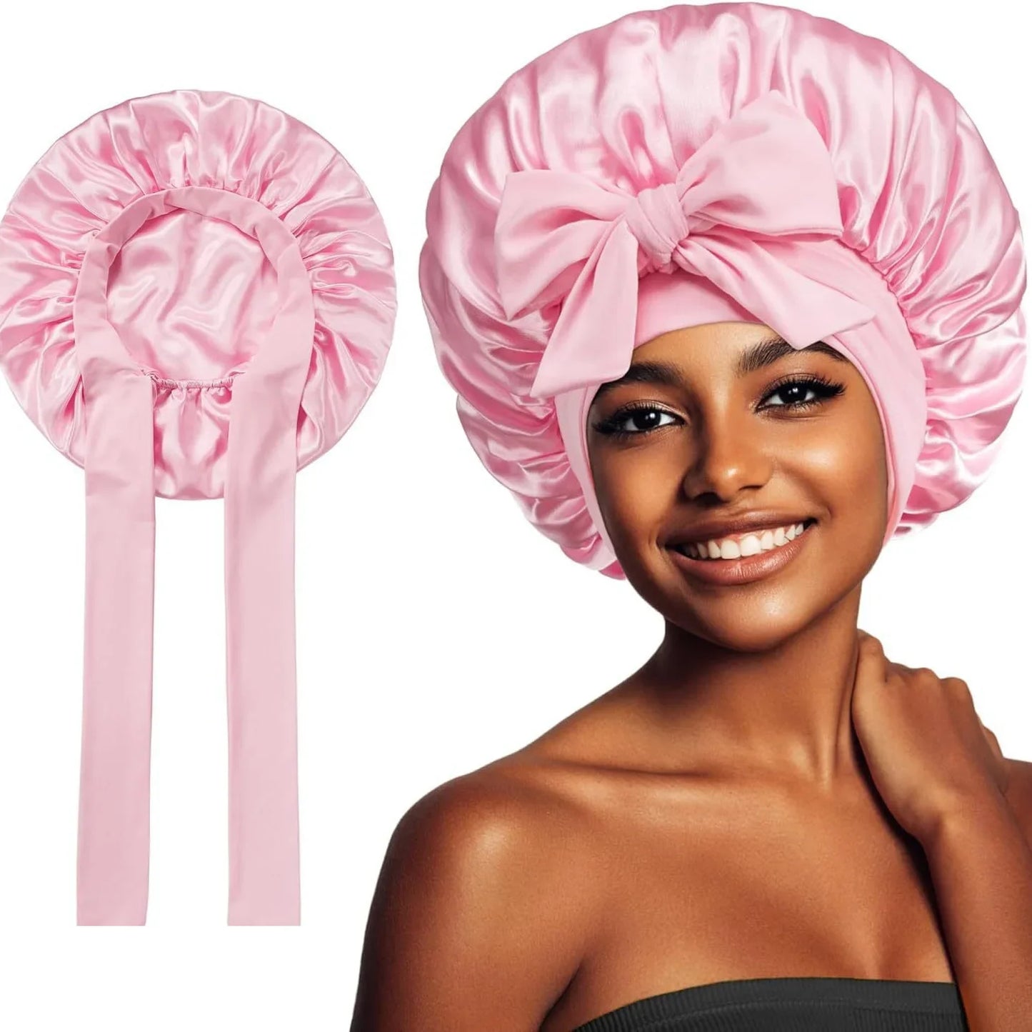 Beaira Women Satin Bonnet Solid Sleeping Hat Stretchy Tie Band Elastic Night Shower Cap Adjustable Hair Head Cover Bonnet for Women