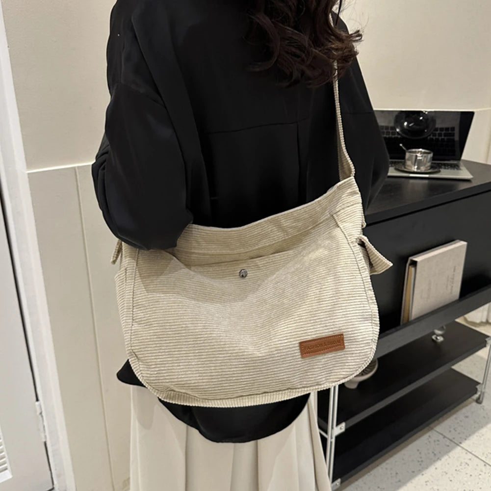 Beaira Women Versatile Messenger Bag Large Capacity Daily Crossbody Bag Corduroy Adjustable Strap Solid Color Female Leisure Dating Bag