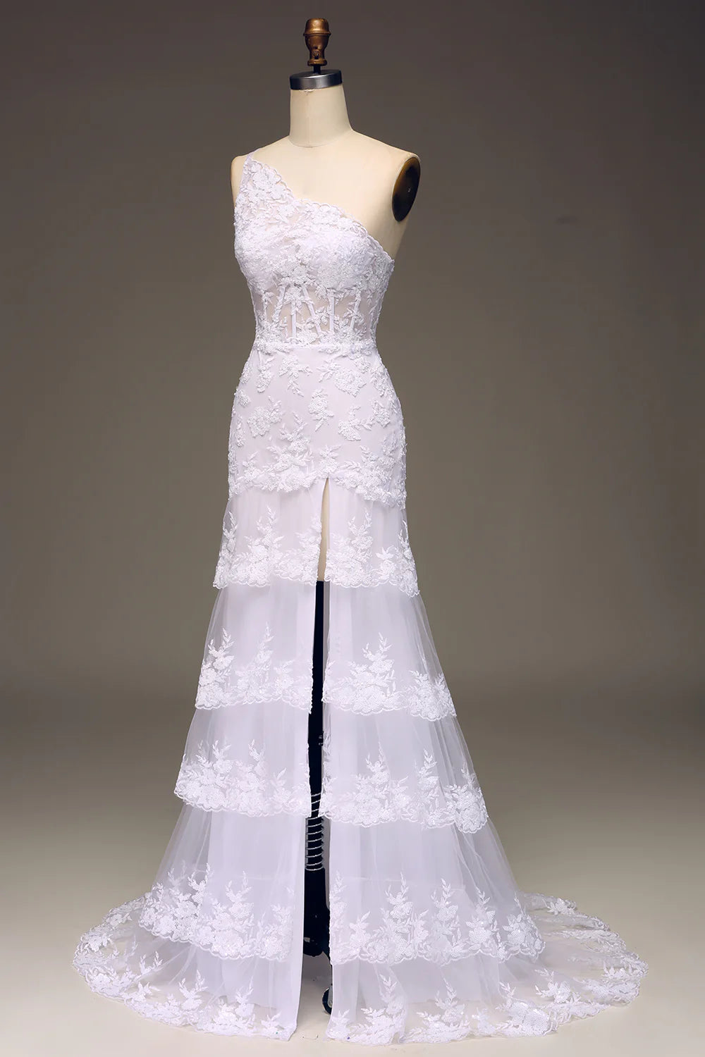 Beaira Sparkly White Tiered Lace One Shoulder Long Prom Dress with Slit