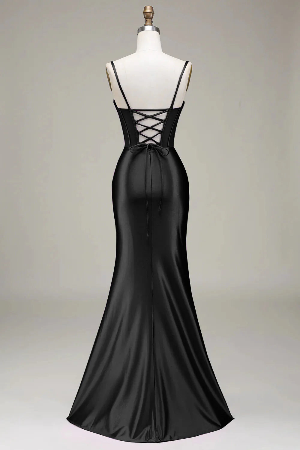 Beaira Black Satin Spaghetti Straps Prom Dress with Corset