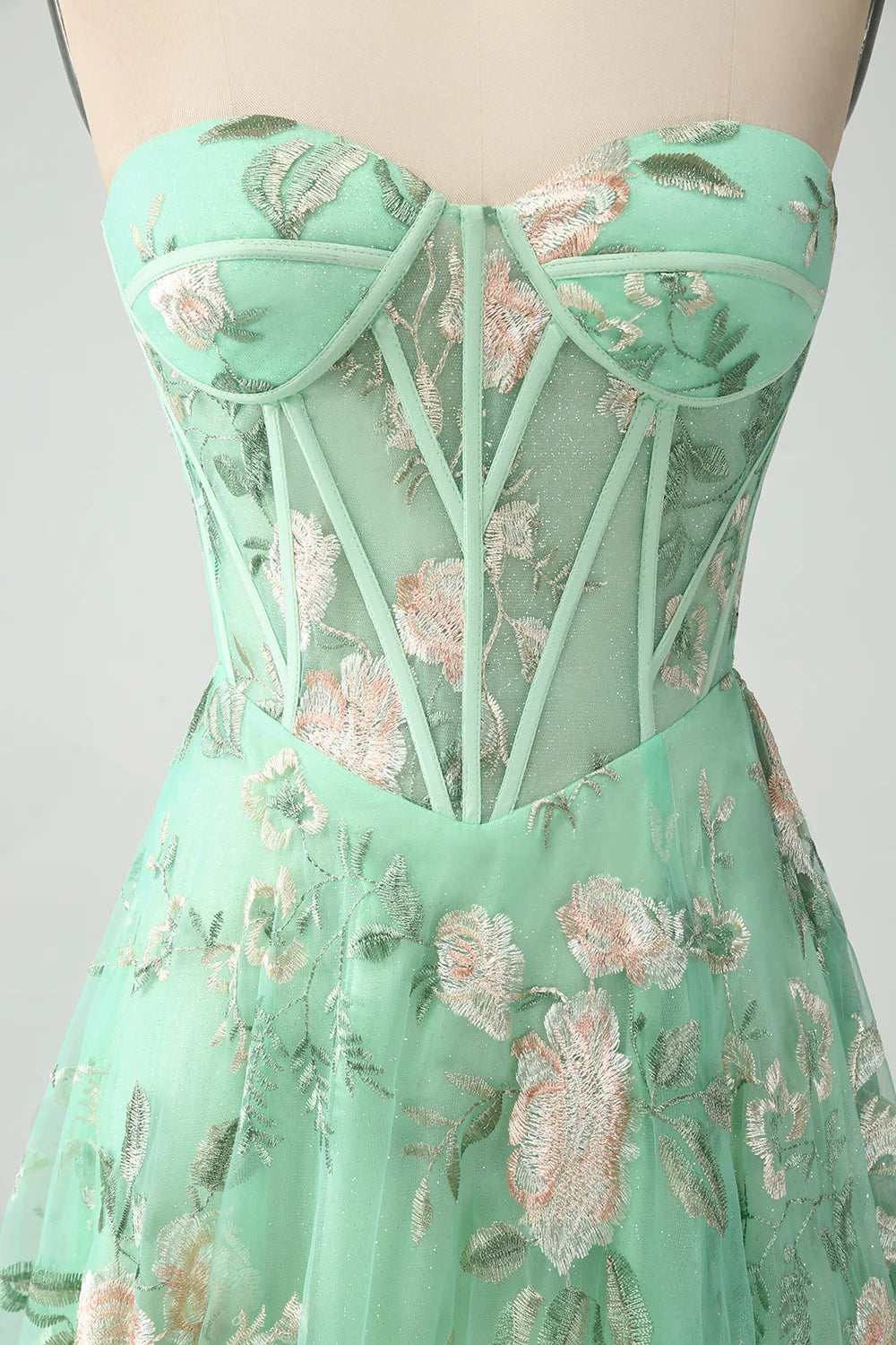 Green A Line Sweetheart Printed Corset Prom Dress with Slit