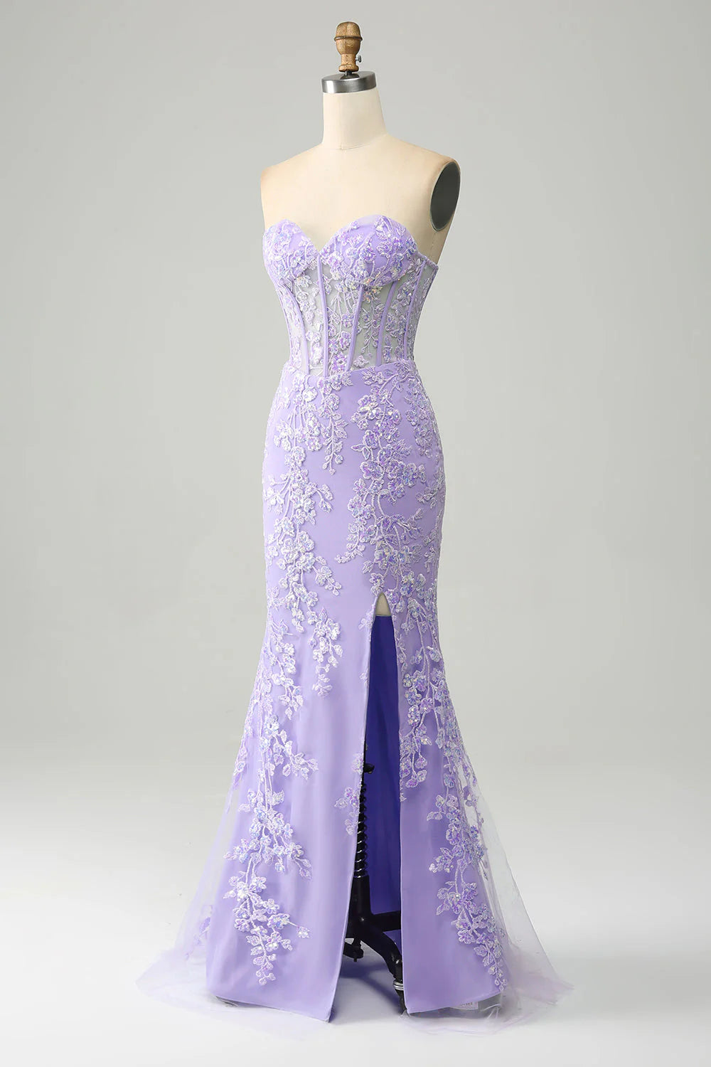 Lilac Mermaid Sweetheart Corset Appliques Prom Dress With Side Slit