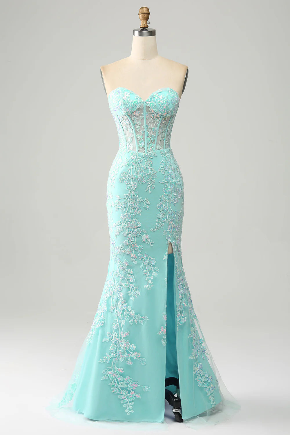Lilac Mermaid Sweetheart Corset Appliques Prom Dress With Side Slit