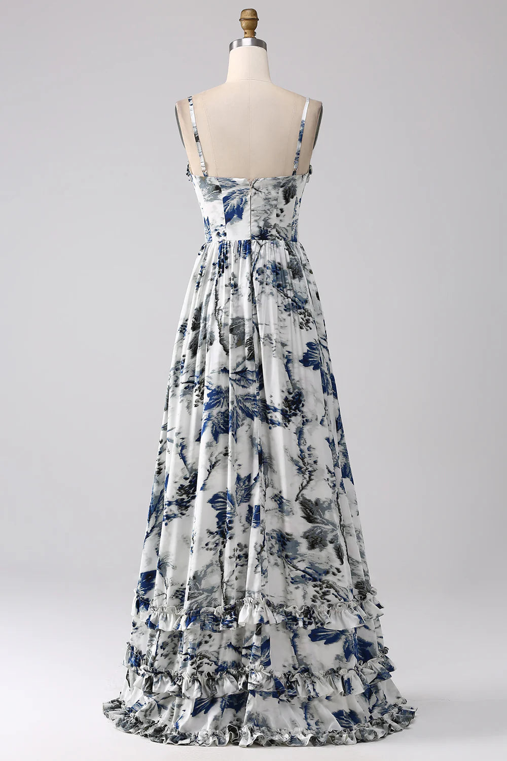 Beaira Pleated Blue Printed Corset Long Prom Dress with Slit