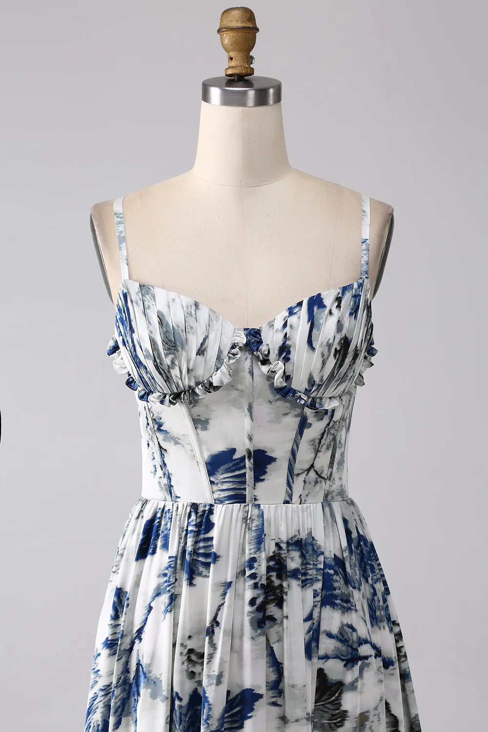 Beaira Pleated Blue Printed Corset Long Prom Dress with Slit