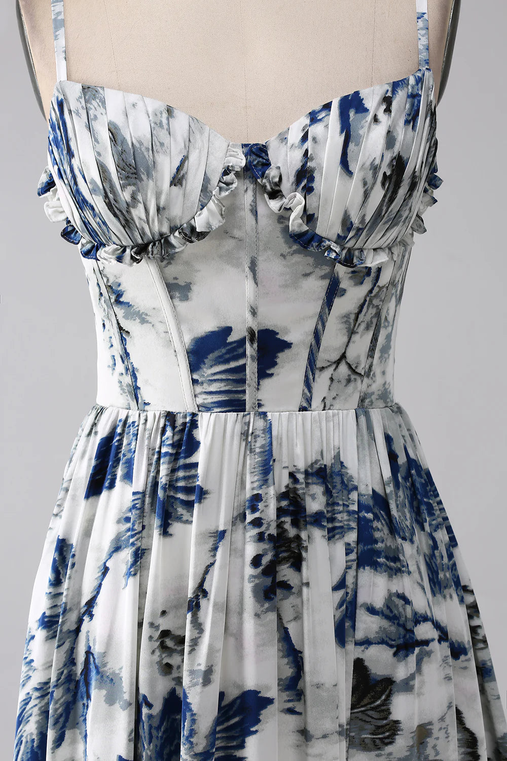 Beaira Pleated Blue Printed Corset Long Prom Dress with Slit