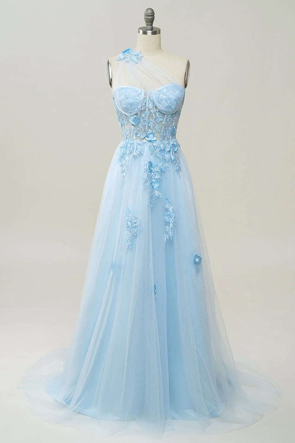 A Line One Shoulder Black Long Prom Dress with Appliques
