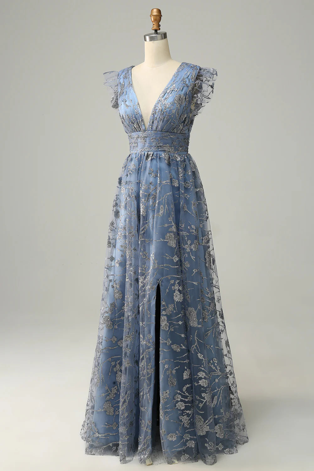 Beaira A Line Deep V Neck Grey Blue Plus Size Prom Dress with Embroidery