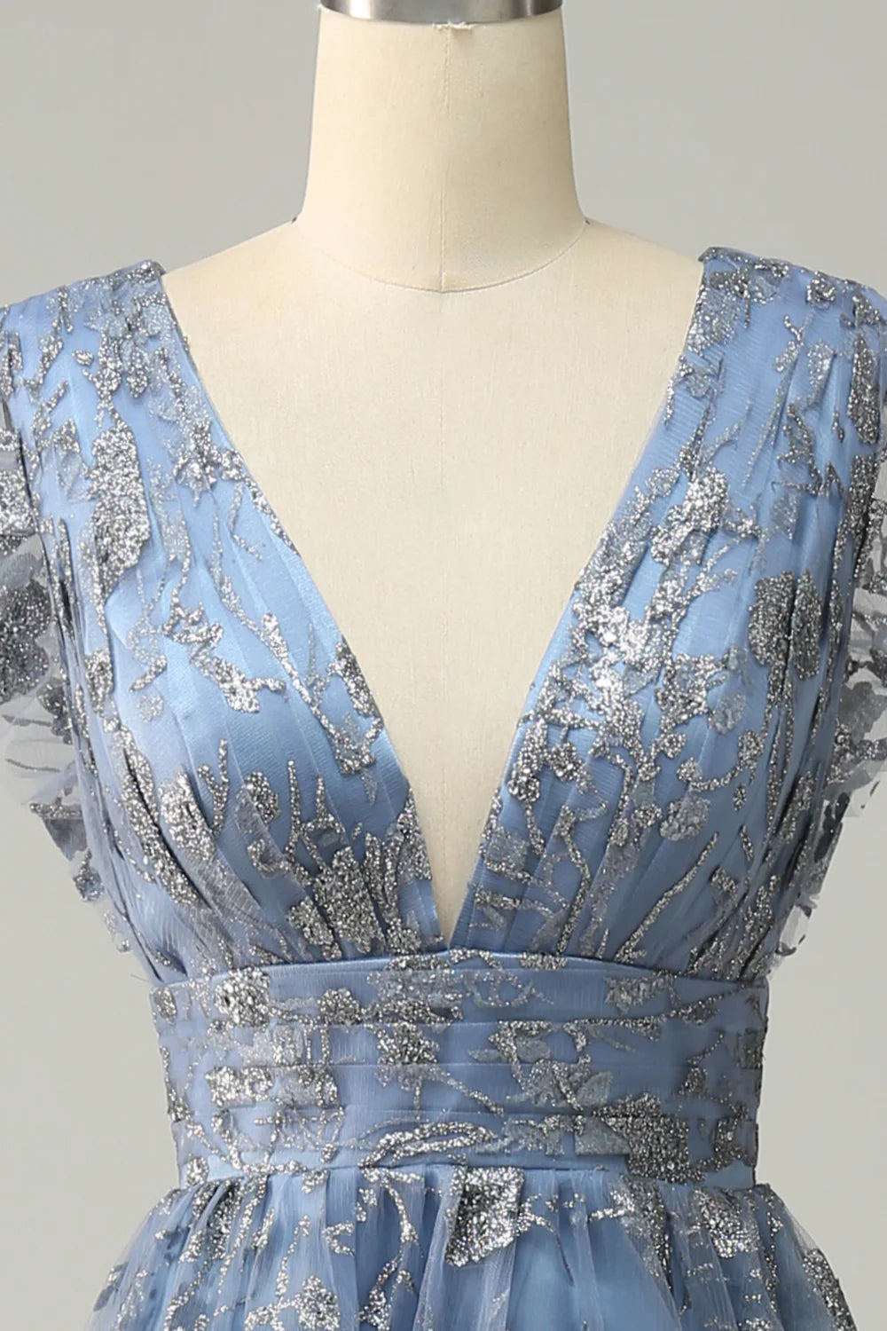 Beaira A Line Deep V Neck Grey Blue Plus Size Prom Dress with Embroidery