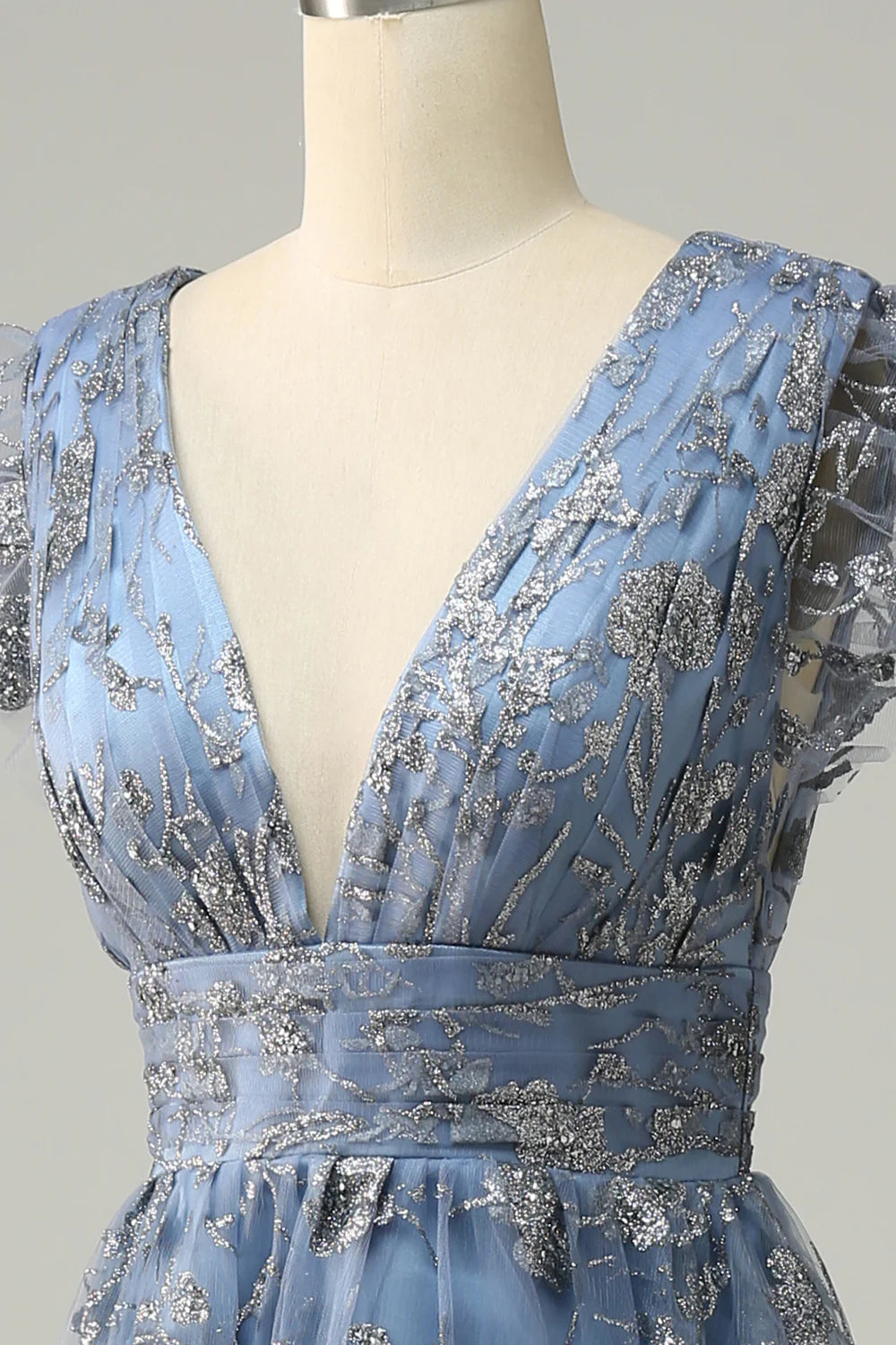 Beaira A Line Deep V Neck Grey Blue Plus Size Prom Dress with Embroidery