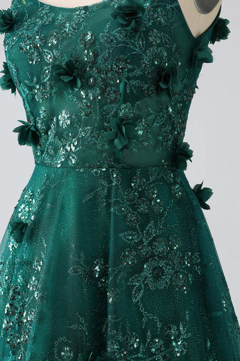 Beaira Glitter Dark Green Spaghetti Straps Lace Flower Long Corset Prom Dress