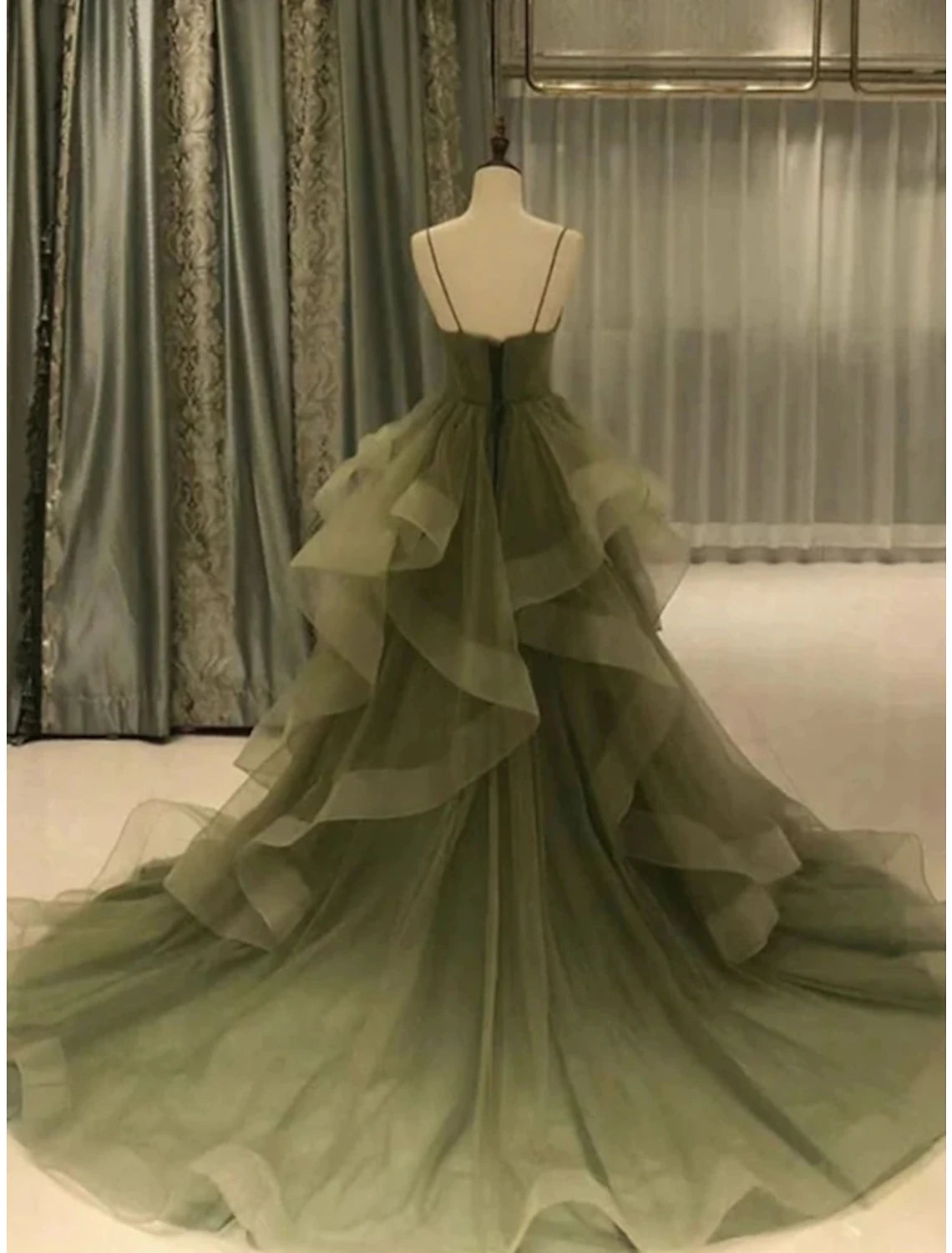 A-Line Prom Dresses Elegant Dress Formal Court Train Red Green Dress Sleeveless Spaghetti Strap Tulle with Pleats Ruffles