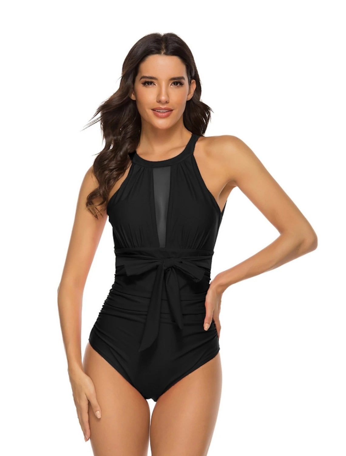 Women's Swimwear One Piece Diving Normal Swimsuit Tie Knot Tummy Control Slim Bow Solid Color Color Block Black Wine Navy Blue Green Bodysuit High Neck Bathing Suits New Sports Neutral