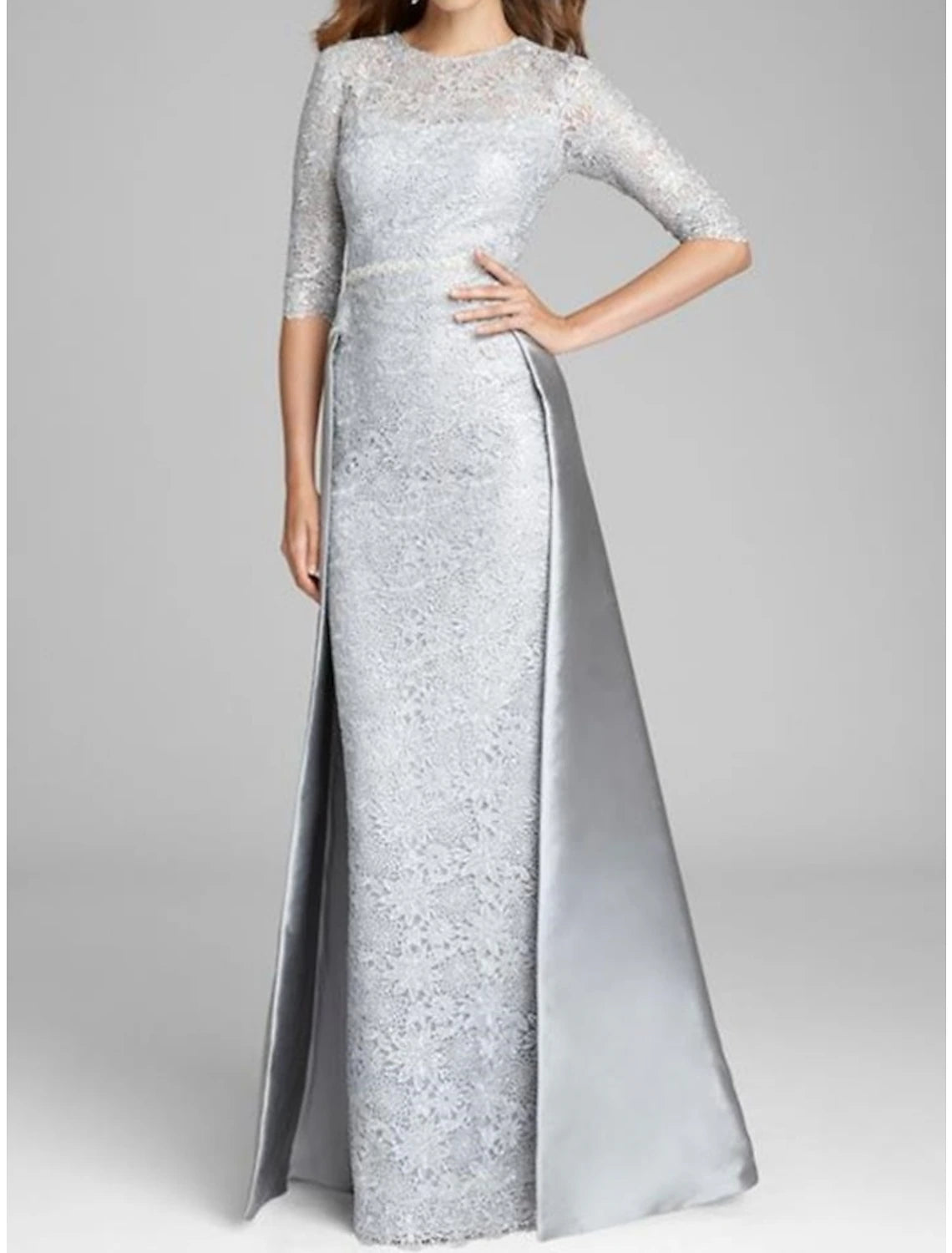 Sheath / Column Mother of the Bride Dress Wedding Guest Elegant Jewel Neck Floor Length Satin Lace Half Sleeve with Ruching Solid Color