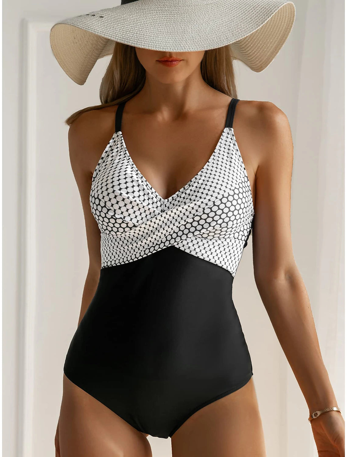 Women's Swimwear One Piece Swimsuit Ruched Criss Cross Polka Dot Strap Stylish Bathing Suits