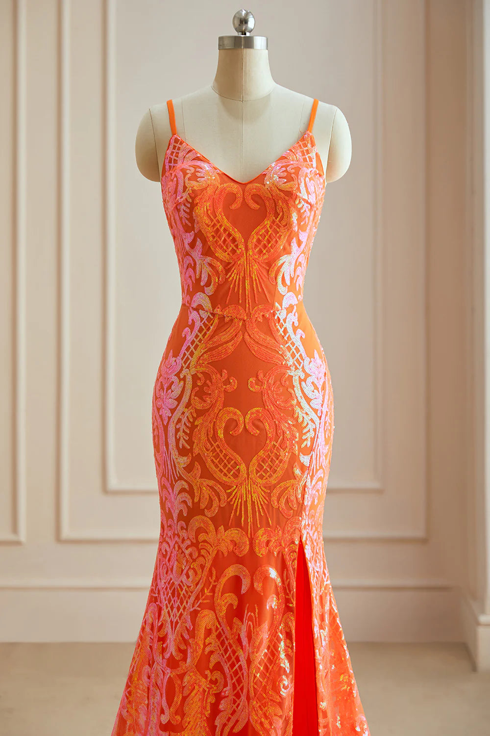 Excellent Orange Mermaid Spaghetti Straps Sequins Split Prom Dress