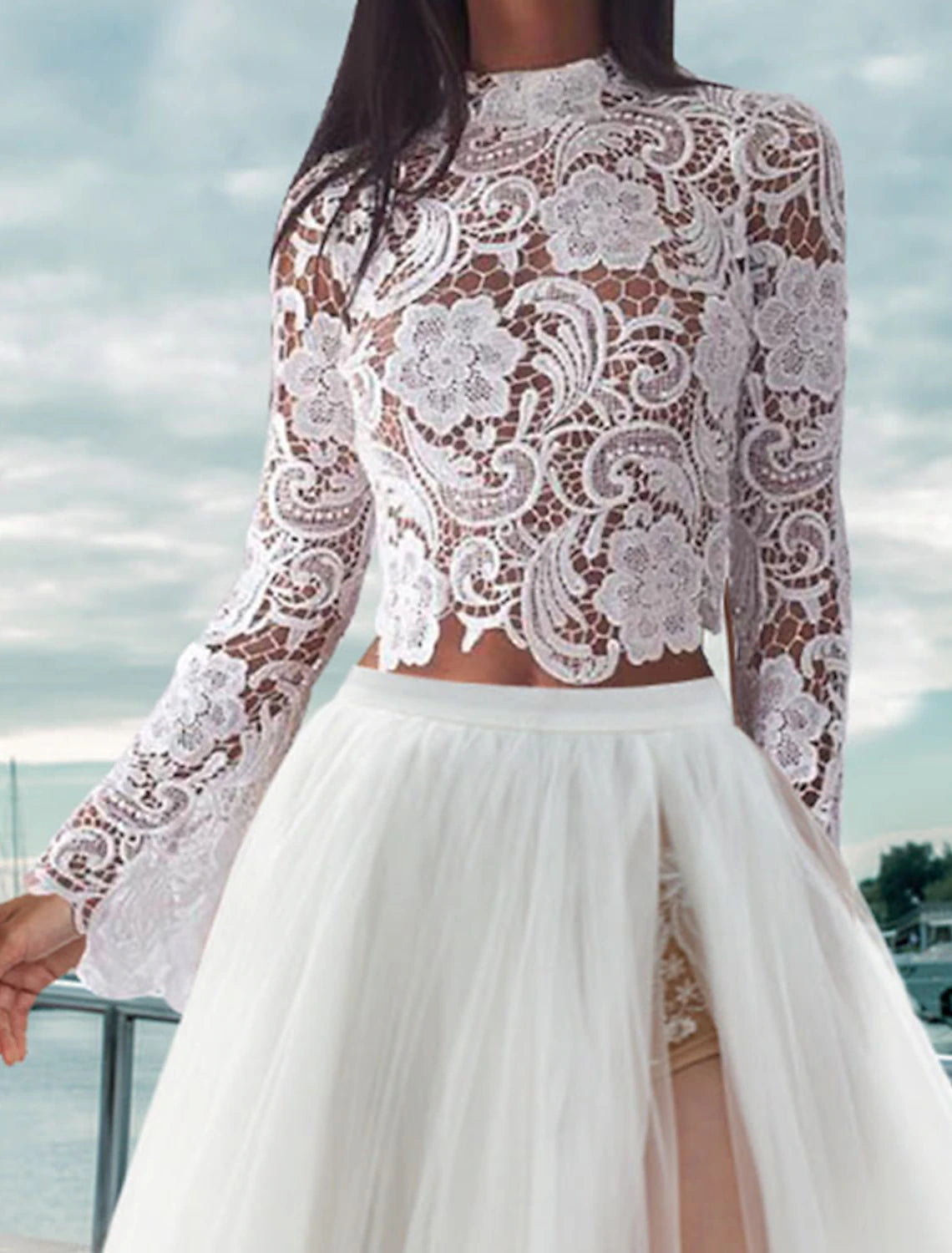 Boho Wedding Dresses Separates High Neck Long Sleeve Separates Lace Bridal Tops Bridal Gowns With Appliques