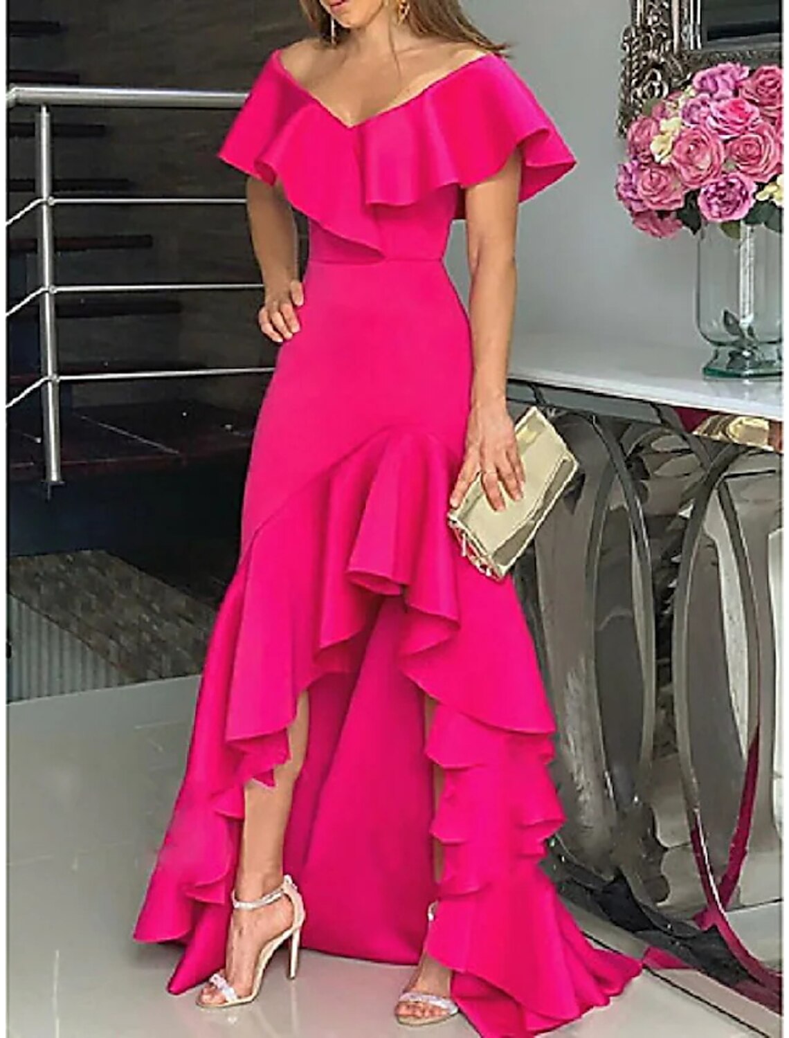 A-Line Wedding Guest Dresses Minimalist Dress Wedding Party Semi Formal Asymmetrical Sleeveless V Neck Satin with Ruffles Slit