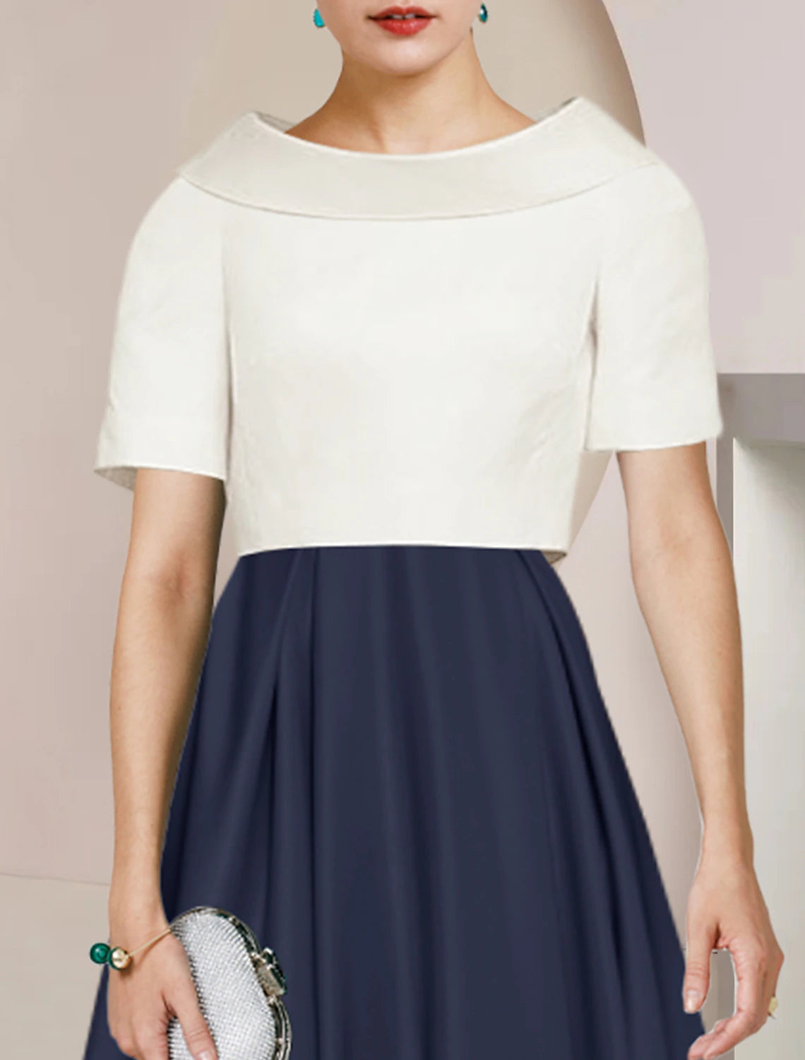 A-Line Mother of the Bride Dress Formal Wedding Guest Elegant Party Scoop Neck Tea Length Satin Short Sleeve with Pleats Color Block