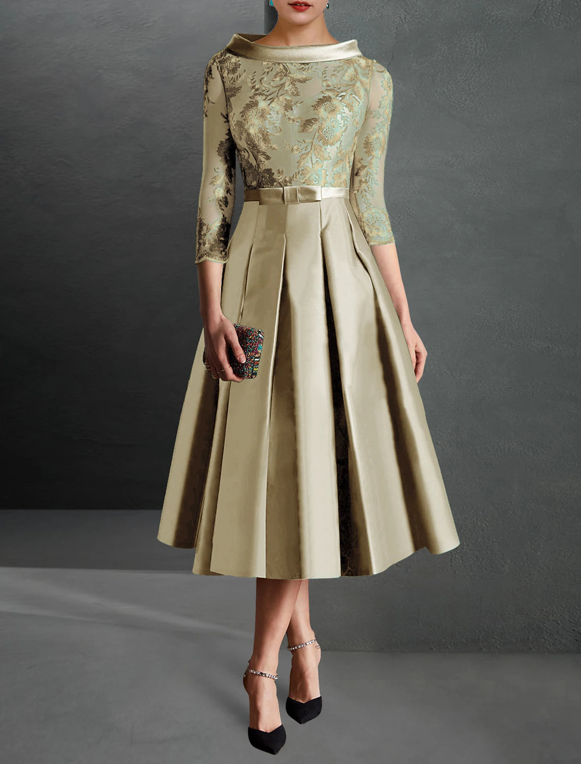 A-Line Cocktail Dress Red Green Dresses Formal Kentucky Derby Tea Length 3/4 Length Sleeve Jewel Neck Fall Wedding Guest Satin with Pleats Appliques