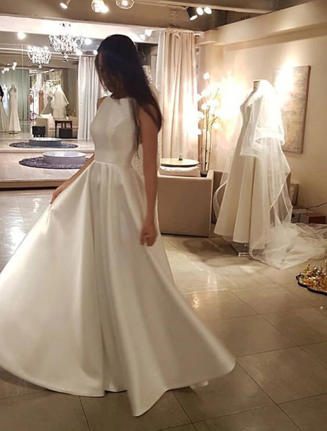 Reception Casual Wedding Dresses A-Line Scoop Neck Sleeveless Sweep / Brush Train Satin Bridal Gowns With Solid