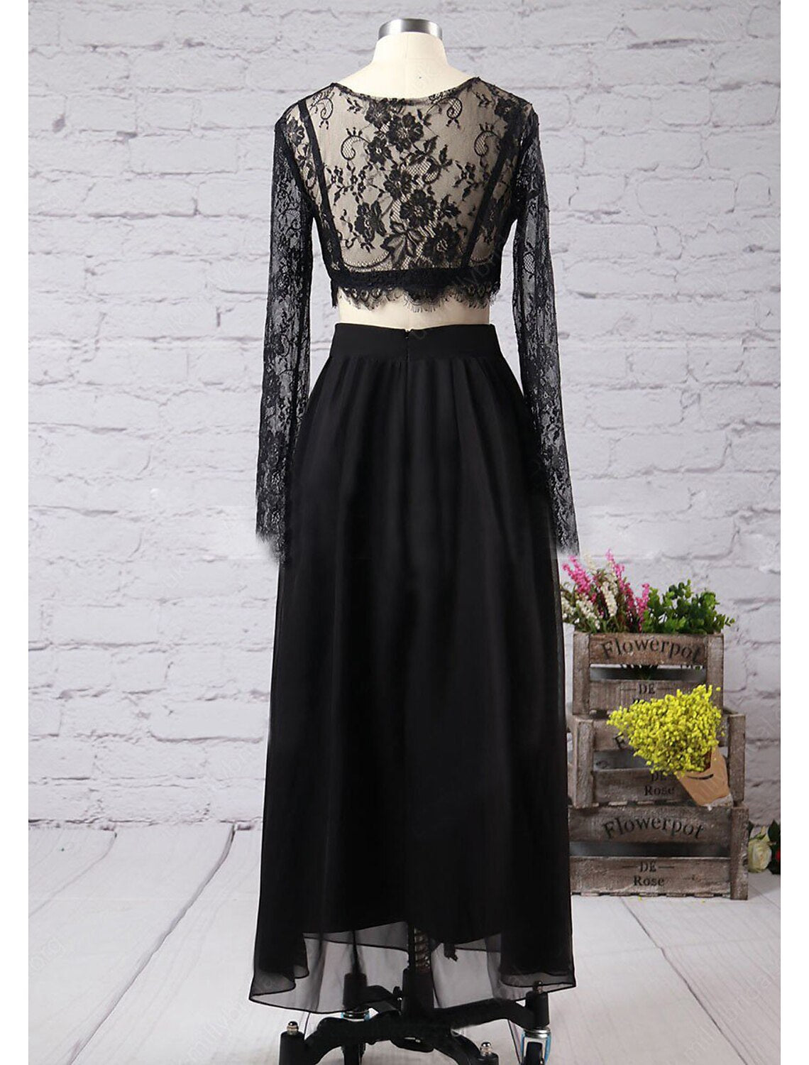 Two Piece A-Line Prom Dresses High Split Dress Formal Prom Floor Length Long Sleeve Jewel Neck Chiffon