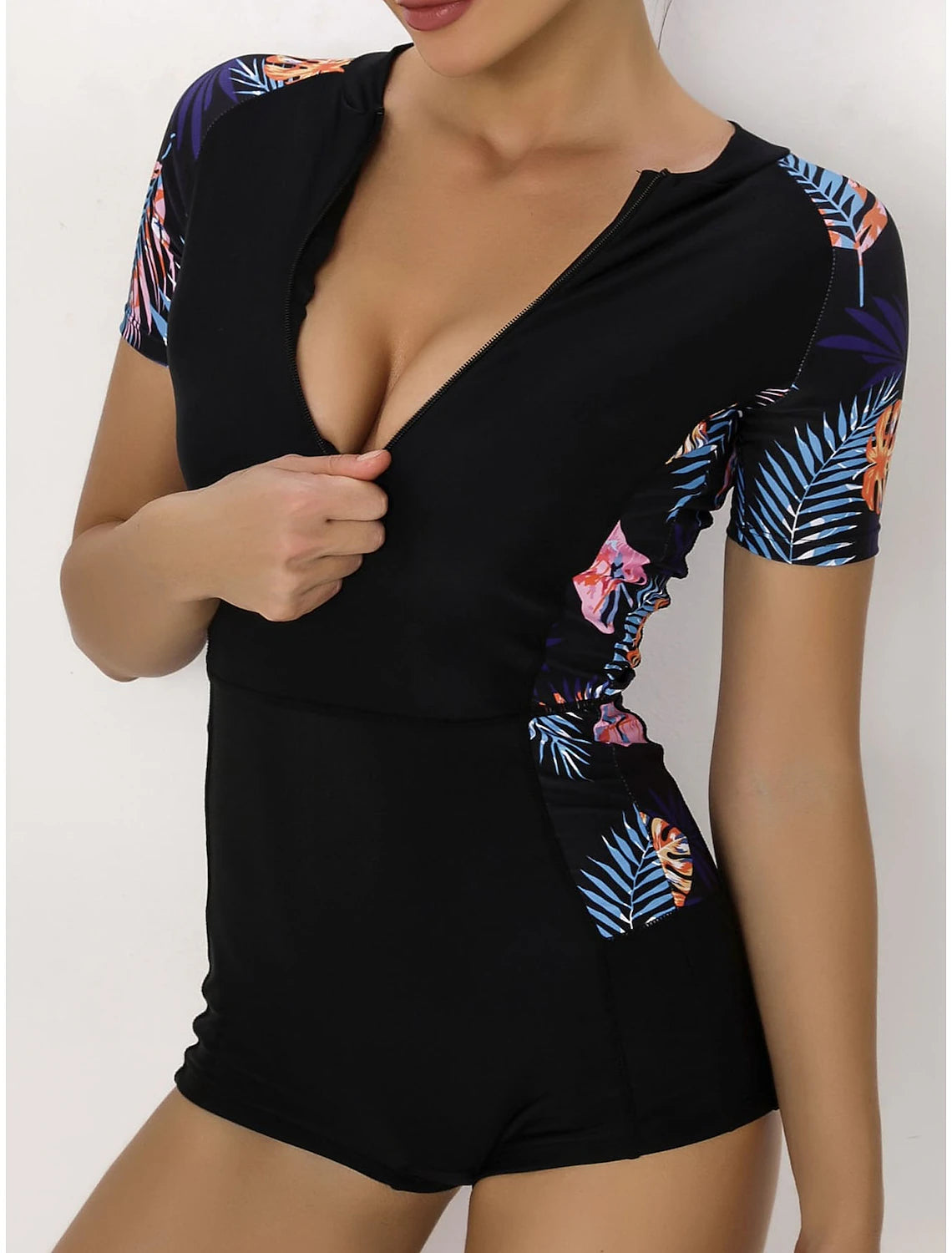 Women's Normal Swimwear Rash Guard Diving Bathing Suits Swimsuit Zipper UV Protection Modest Swimwear Tummy Control Printing Leaf Scoop Neck Vacation Stylish Bathing Suits