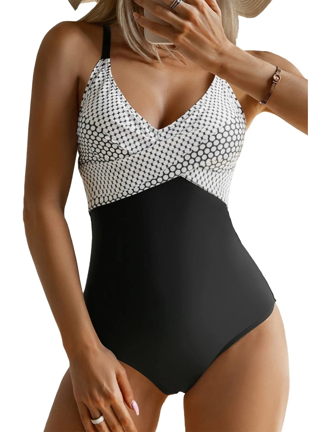 Women's Swimwear One Piece Swimsuit Ruched Criss Cross Polka Dot Strap Stylish Bathing Suits
