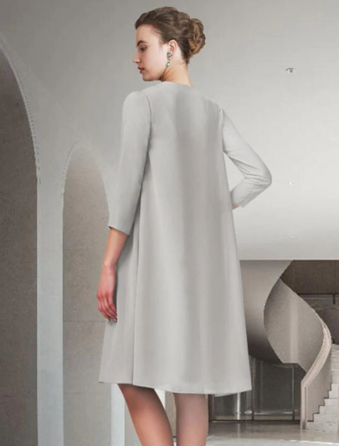 Two Piece A-Line Mother of the Bride Dress Church Elegant Jewel Neck Knee Length Chiffon Sleeveless with Pleats Ruched