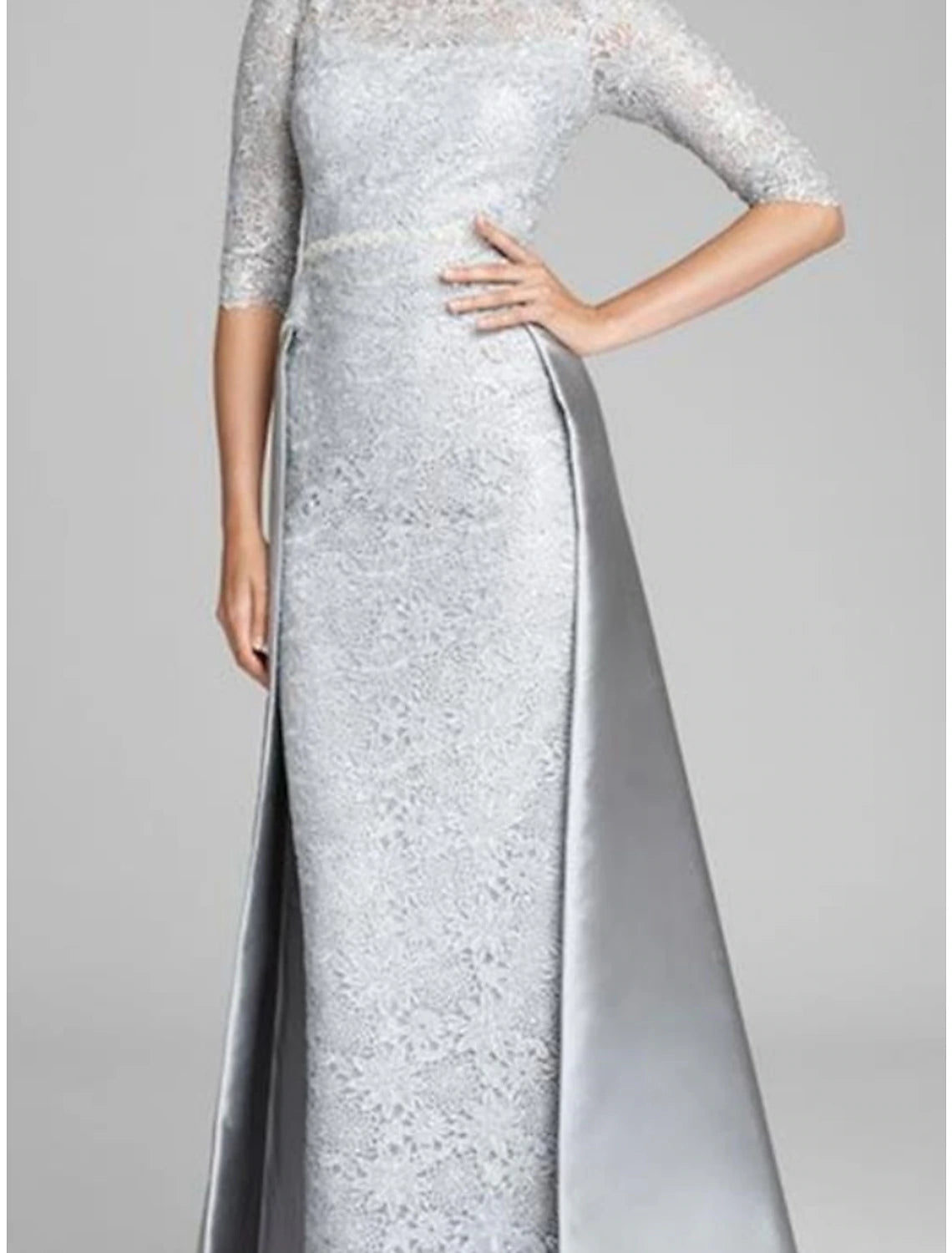 Sheath / Column Mother of the Bride Dress Wedding Guest Elegant Jewel Neck Floor Length Satin Lace Half Sleeve with Ruching Solid Color