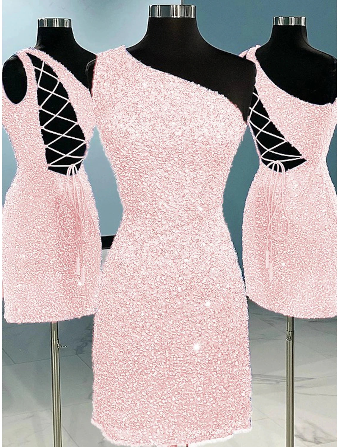 A-Line Sheath / Column Homecoming Dresses Sparkle & Shine Dress Holiday Graduation Short / Mini Sleeveless One Shoulder Sequined with Glitter Strappy