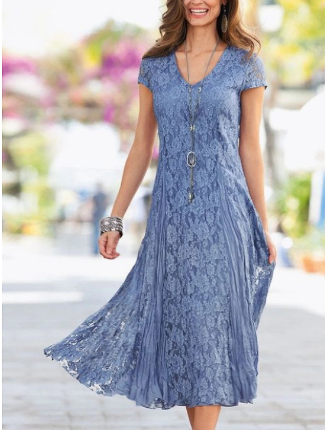 Sheath / Column Mother of the Bride Dress Wedding Guest Elegant Party Petite V Neck Tea Length Lace Short Sleeve with Pleats Solid Color