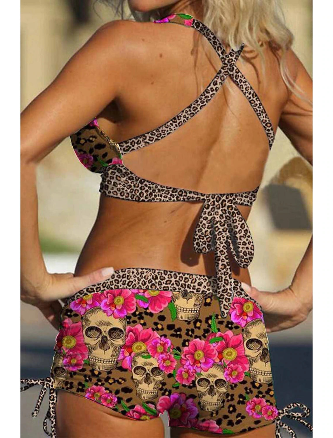 Women's Normal Swimwear Bikini Swimsuit Halter 2 Piece Printing Leopard Skull Beach Wear Push Up Bathing Suits