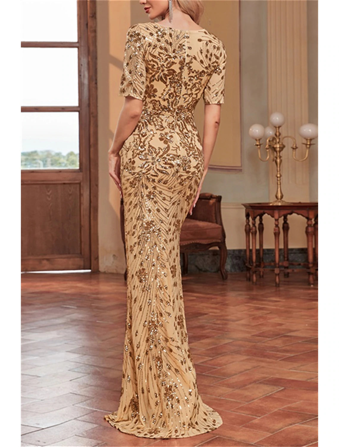 Mermaid / Trumpet Mother of the Bride Dress Wedding Guest Elegant Sparkle & Shine V Neck Floor Length Sequined Short Sleeve with Sequin Flower